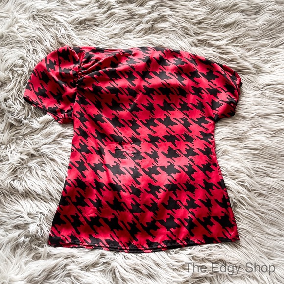 Worthington | Houndstooth Silky Asymmetrical Short Sleeved Blouse - Picture 6 of 8